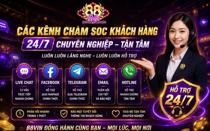 Liên hệ 88Vin nhanh chóng qua hotline, chat trực tuyến, email và Telegram. Hướng dẫn chi tiết hỗ trợ 24/7